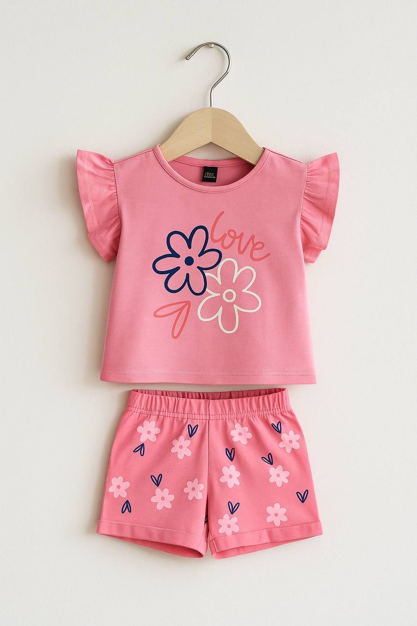 Kız Bebek Love İşlemeli Şortlu İkili Takım - Pembe