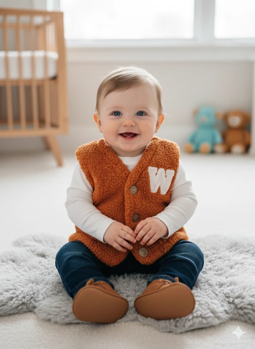 Unisex Bebek Düğmeli Peluş Yelek - kiremit