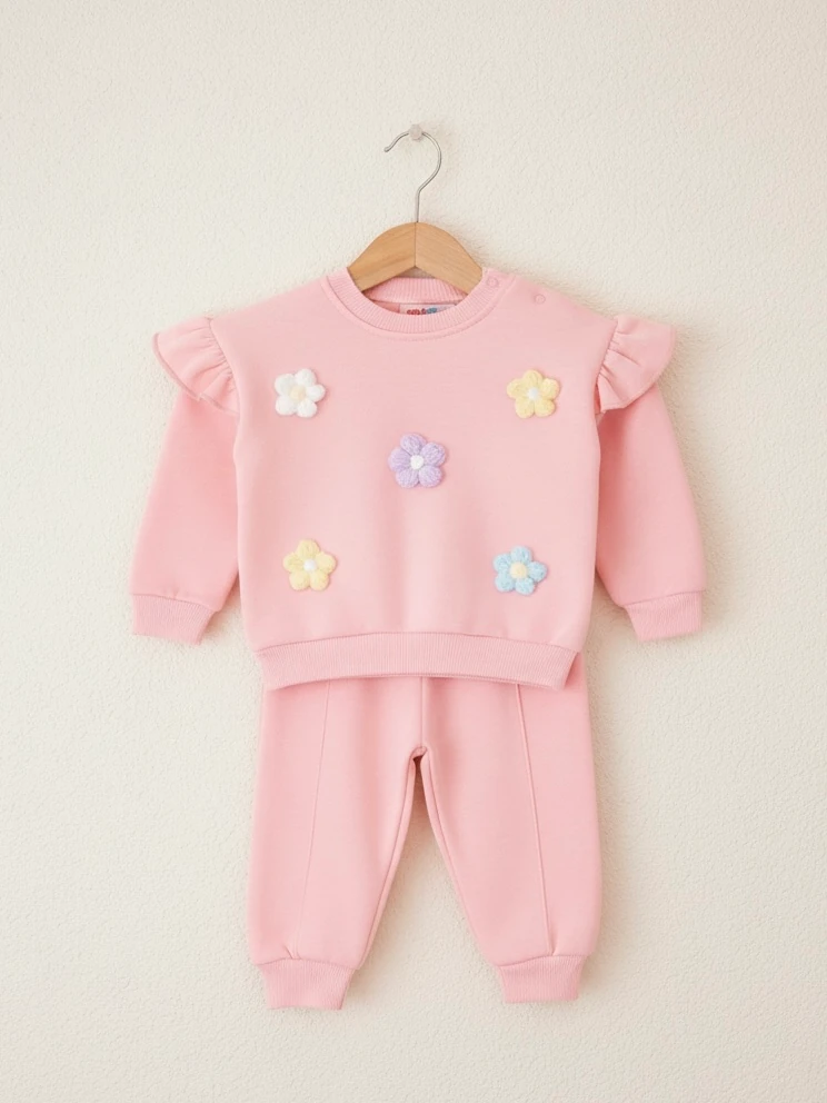 Kız Bebek Papatya İşlemeli Şardonlu İkili Takım - Pembe