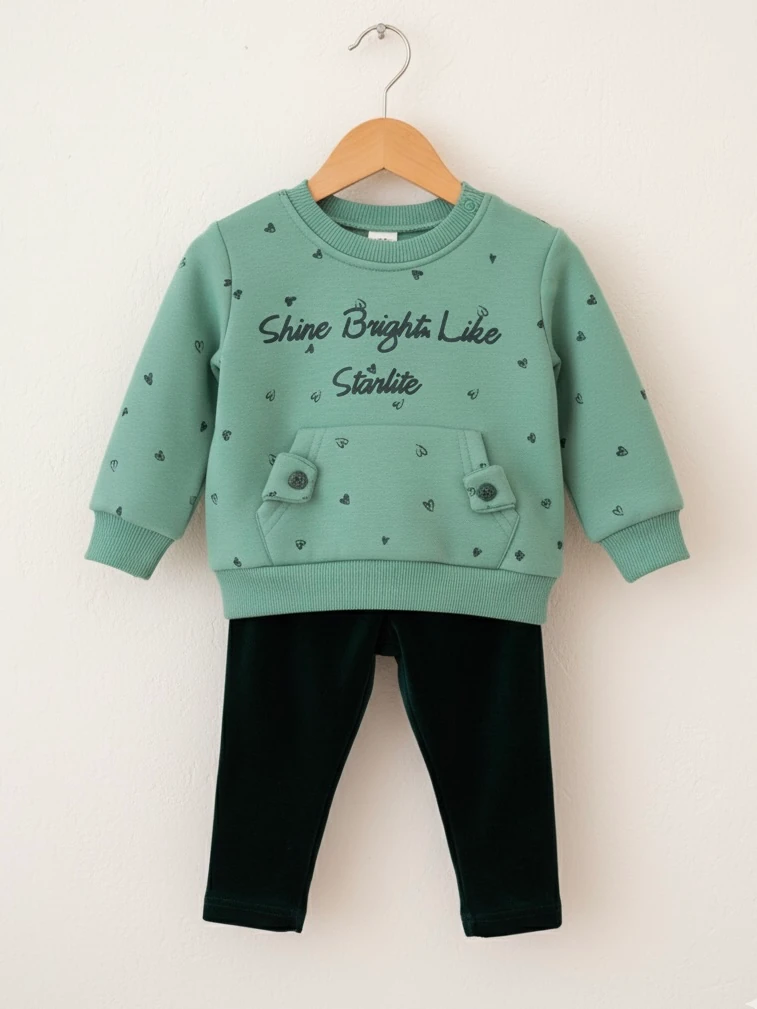 Kız Bebek Taytlı Üç İp Şardonlu İkili Takım - yeşil