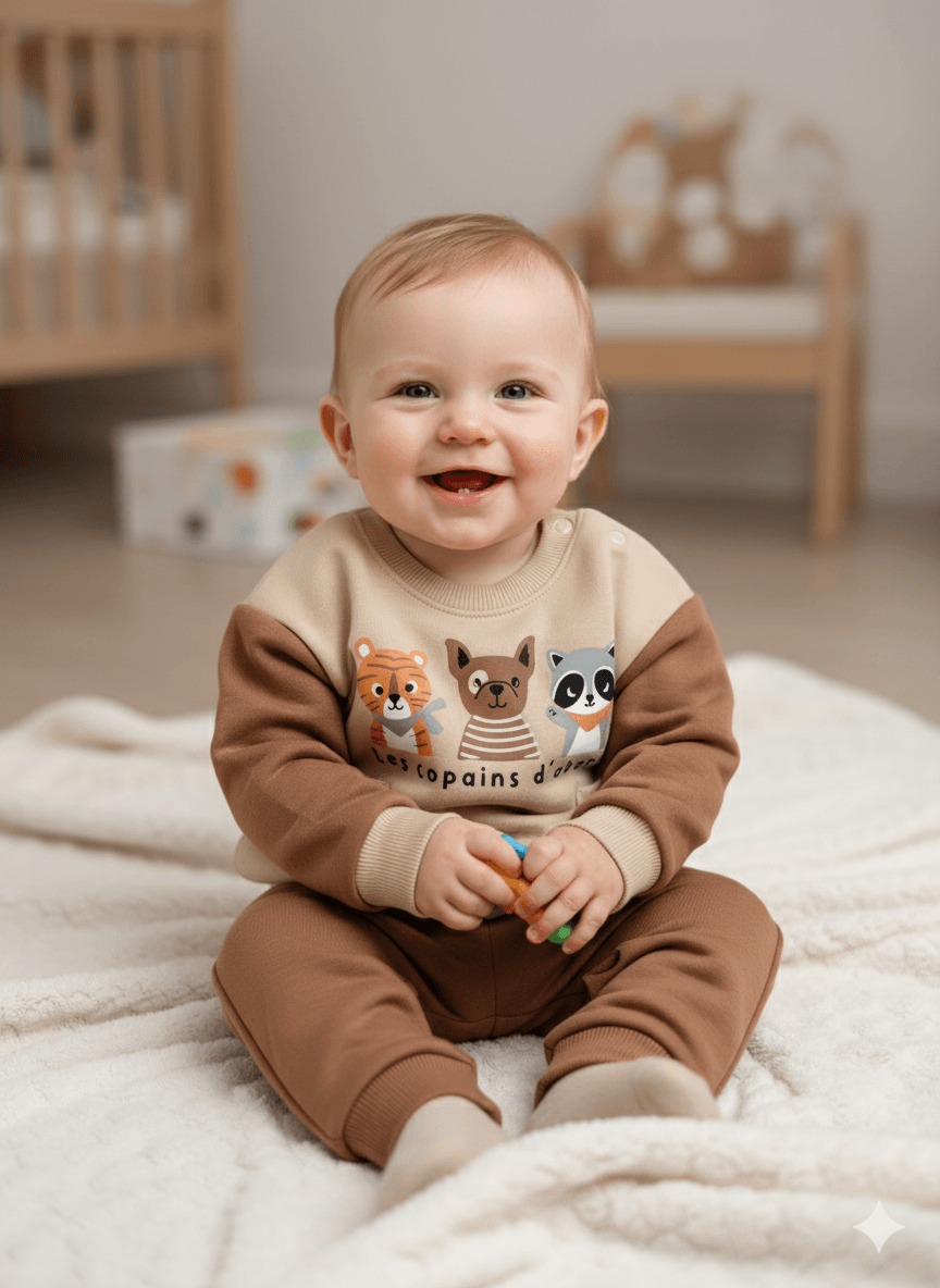 Erkek Bebek Cepli Zoo Şardonlu İkili Takım - sütlü kahve