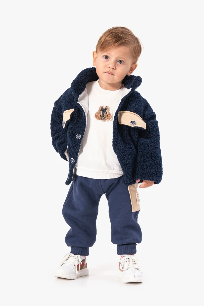 Erkek Bebek Peluş Montlu Tarz Üçlü Takım - lacivert