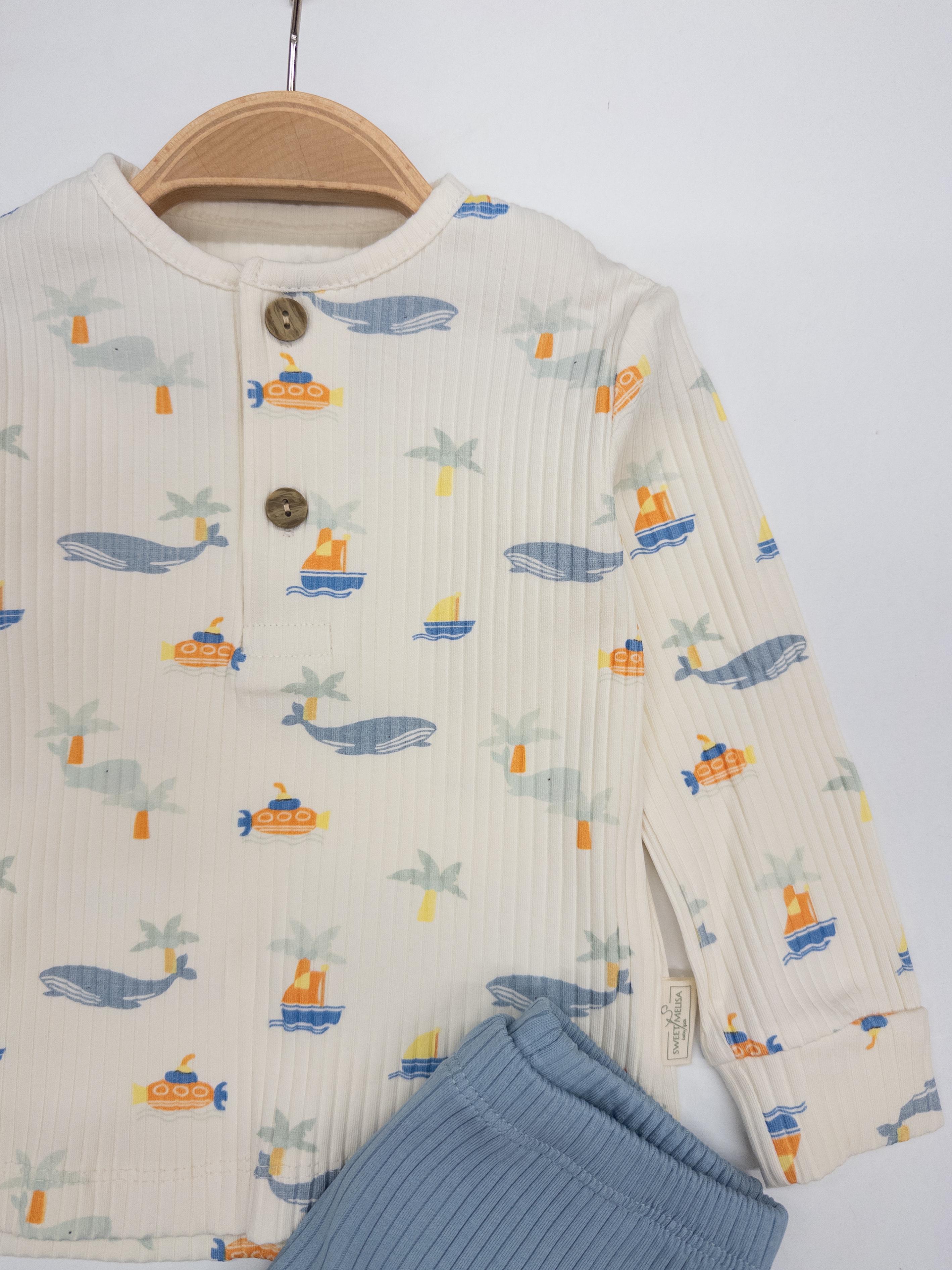 Erkek Bebek Balina Desenli Fitilli İkili Takım