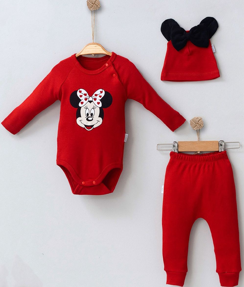 Kız Bebek Minnie Baskılı Kırmızı Renk Üçlü Takım