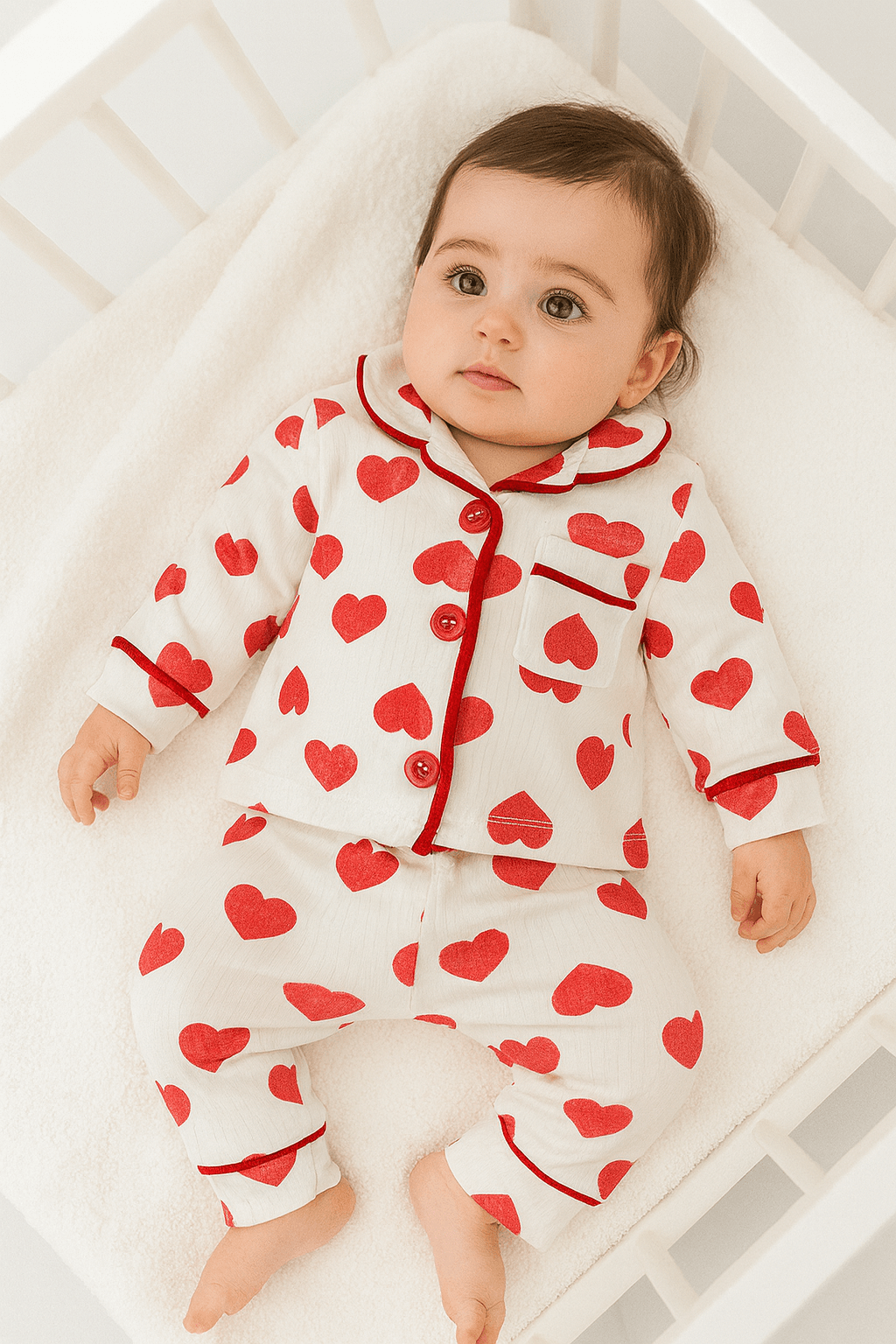 Kız Bebek Kalp Desenli Düğmeli Pijama İkili Takım