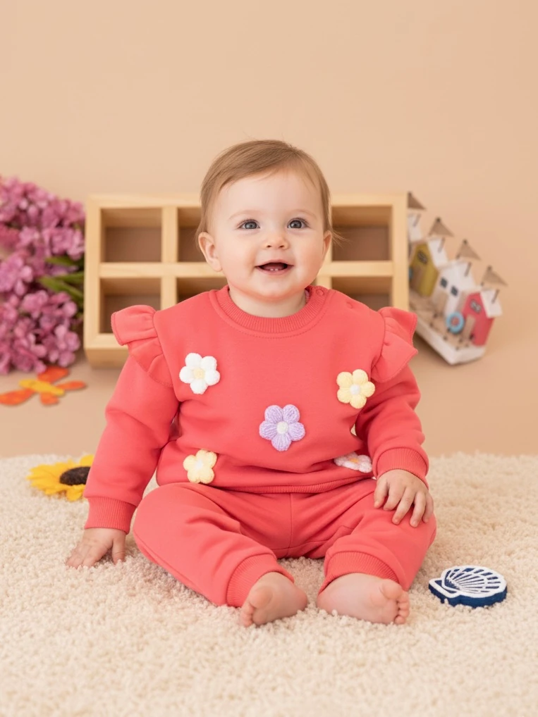 Kız Bebek Papatya İşlemeli Şardonlu İkili Takım - nar çiçeği