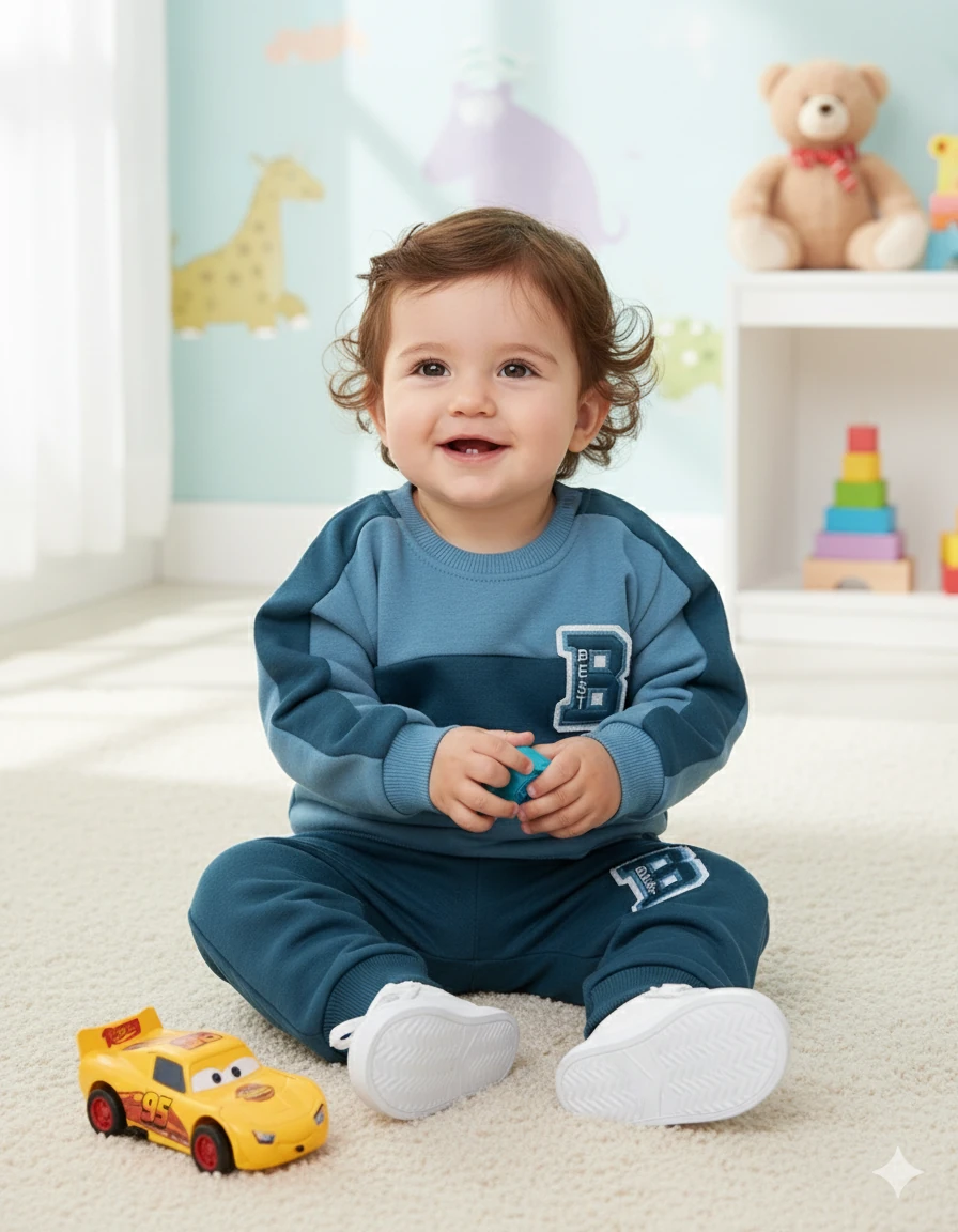 Erkek Bebek B İşlemeli Üç İp Şardonlu İkili Takım - Mavi