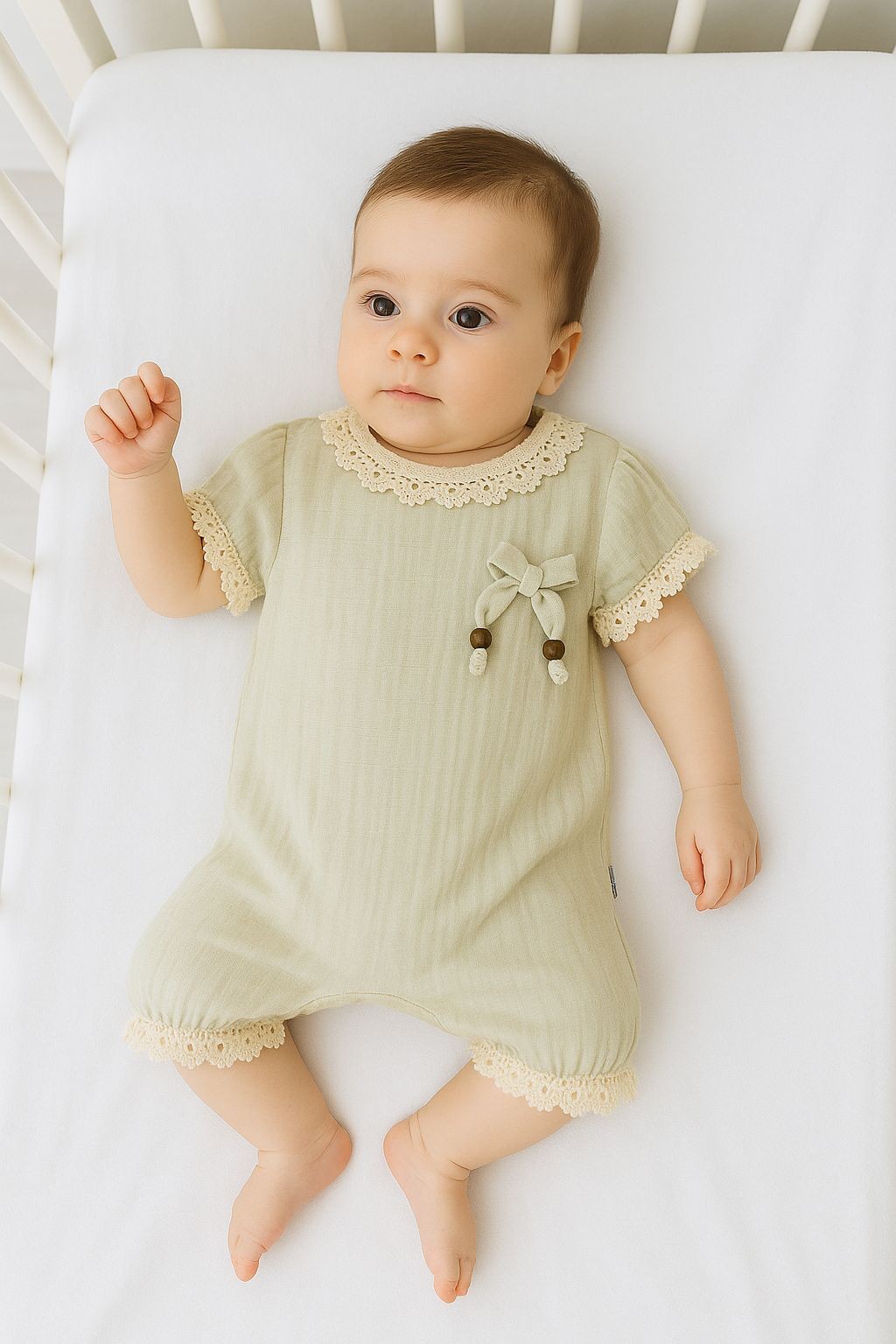 Kız Bebek Dantel Detaylı Müslin Sırttan Çıtçıtlı Tulum - yeşil