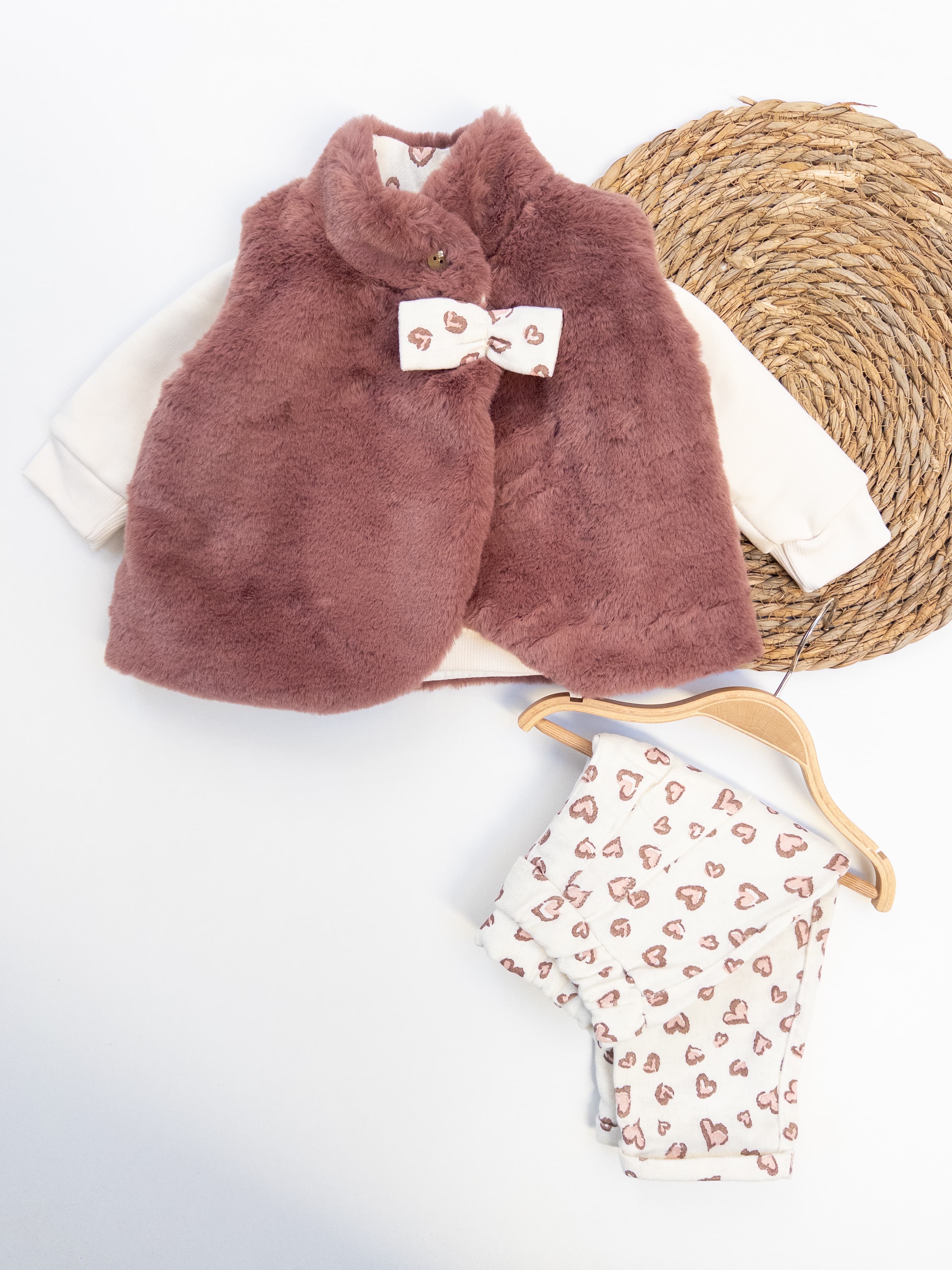 Kız Bebek Peluş Yelekli Üçlü Şardonlu Takım