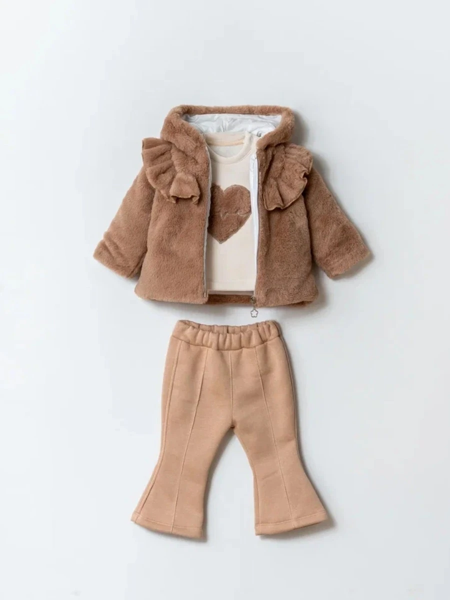 Kız Bebek Peluş Montlu Üçlü Takım - sütlü kahve