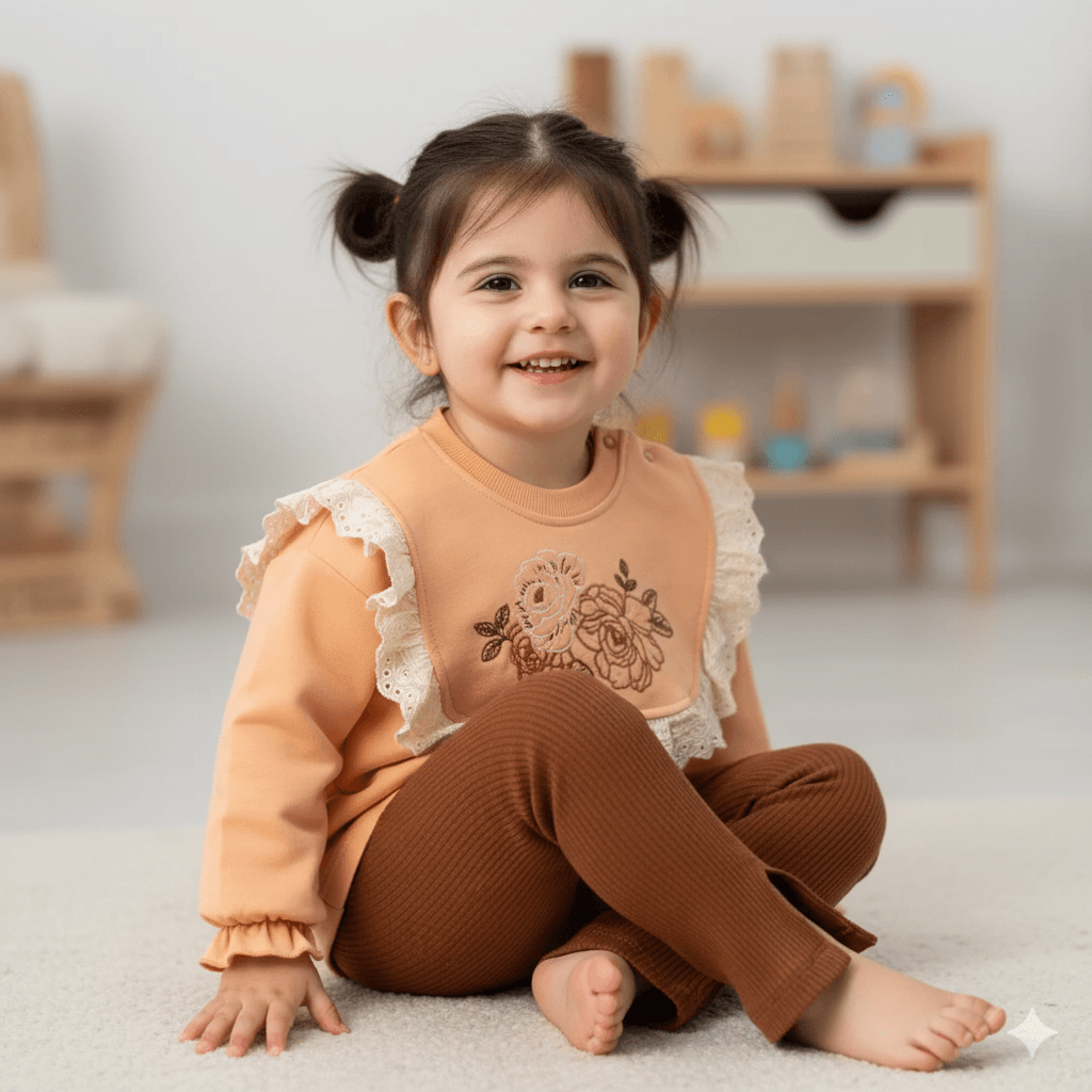 Kız Bebek Gül Nakışlı Fistolu İkili Takım - somon
