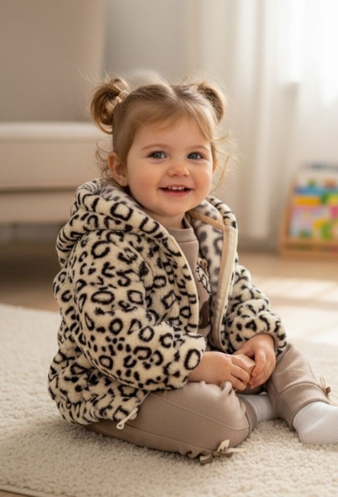 Kız Bebek Peluş Ceketli Leoparlı Üçlü Takım