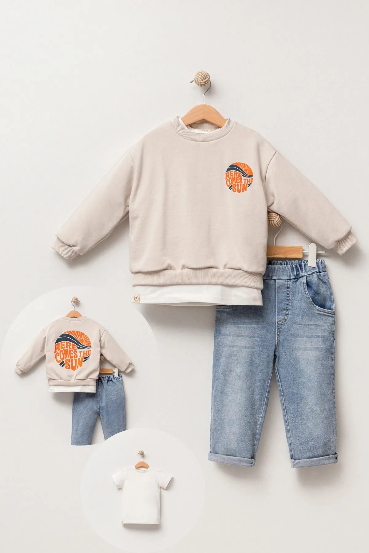  Erkek Bebek Baskılı Sweatshirt Kot Pantolon 3'lü Takım