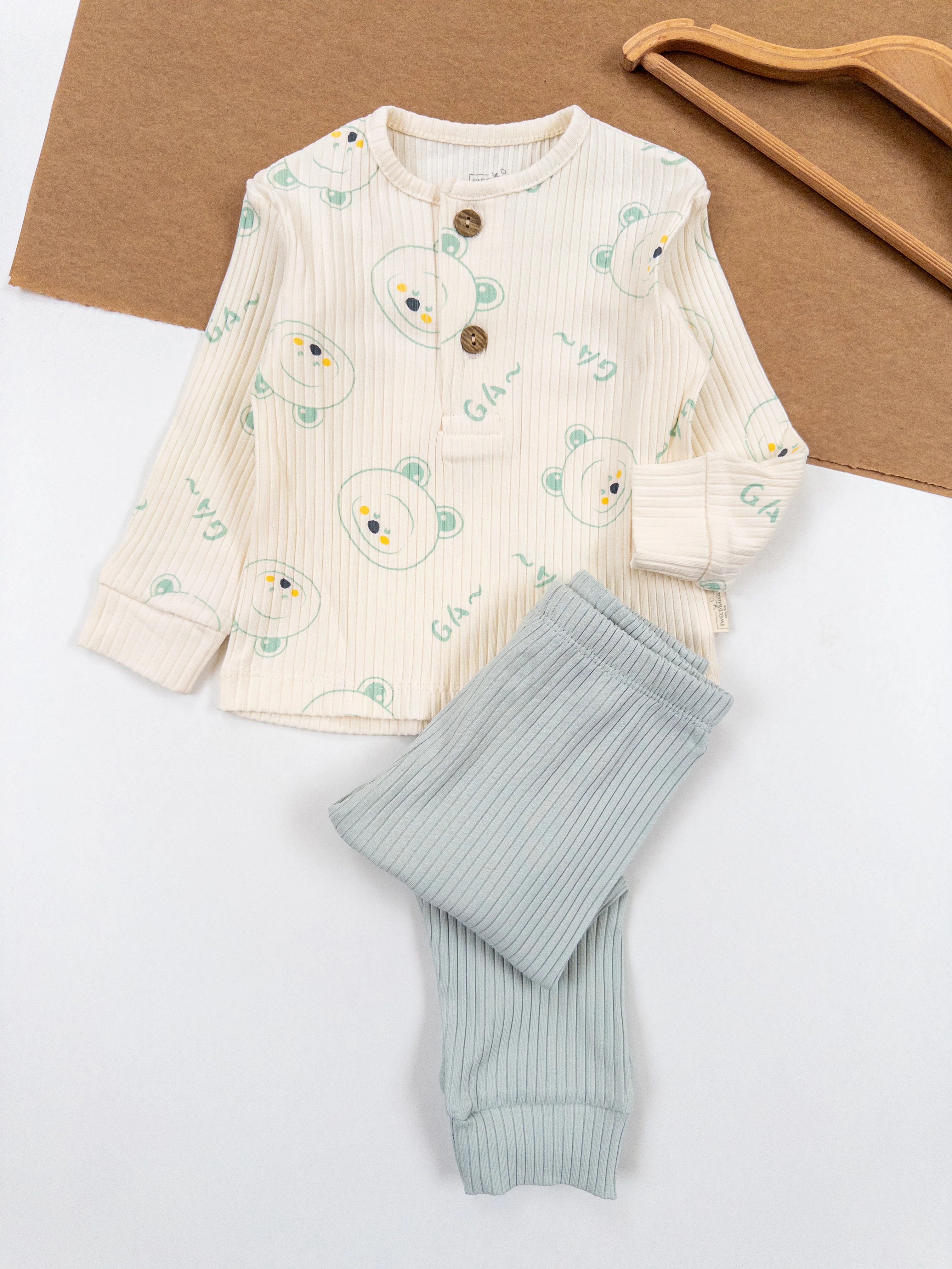 Erkek Bebek Ayıcıklı Fitilli İkili Takım - Mavi