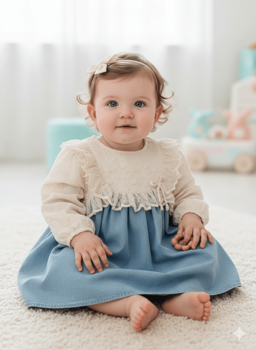 Kız Bebek Dantelli Kot Elbise