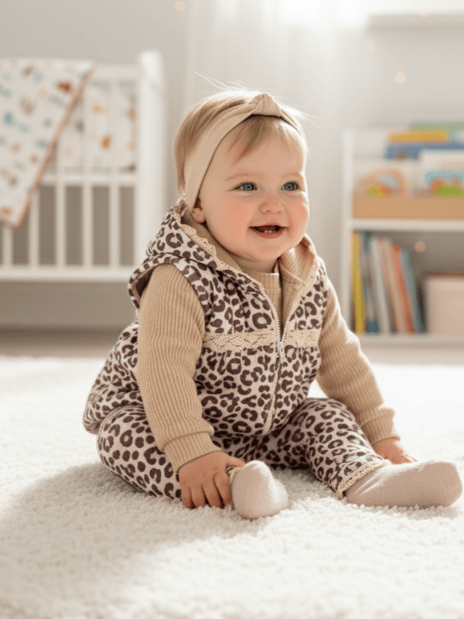 Kız Bebek Leoparlı kadife Yelekli Rahat Üçlü Takım