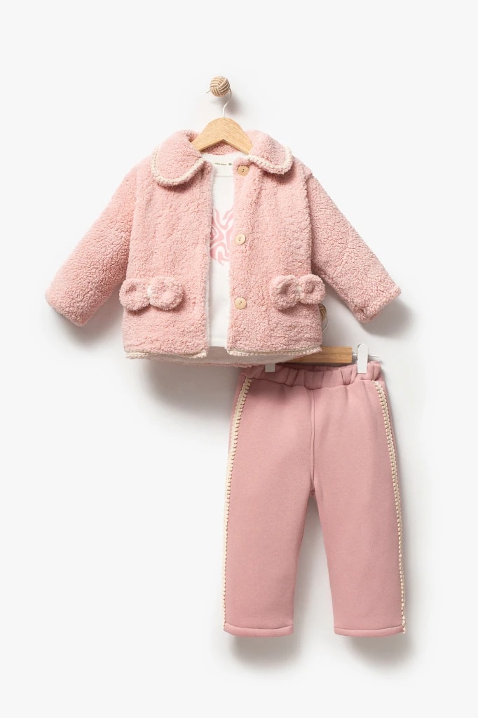 Kız Bebek Peluş Ceketli Üçlü Takım