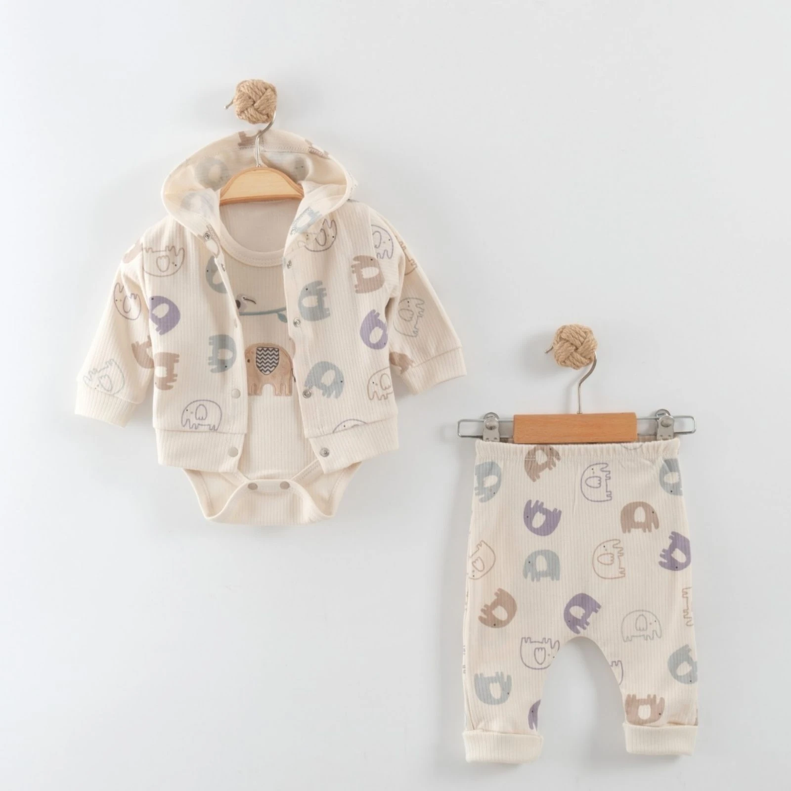 Erkek Bebek Fil Baskılı Raporlu 3Lü Takım