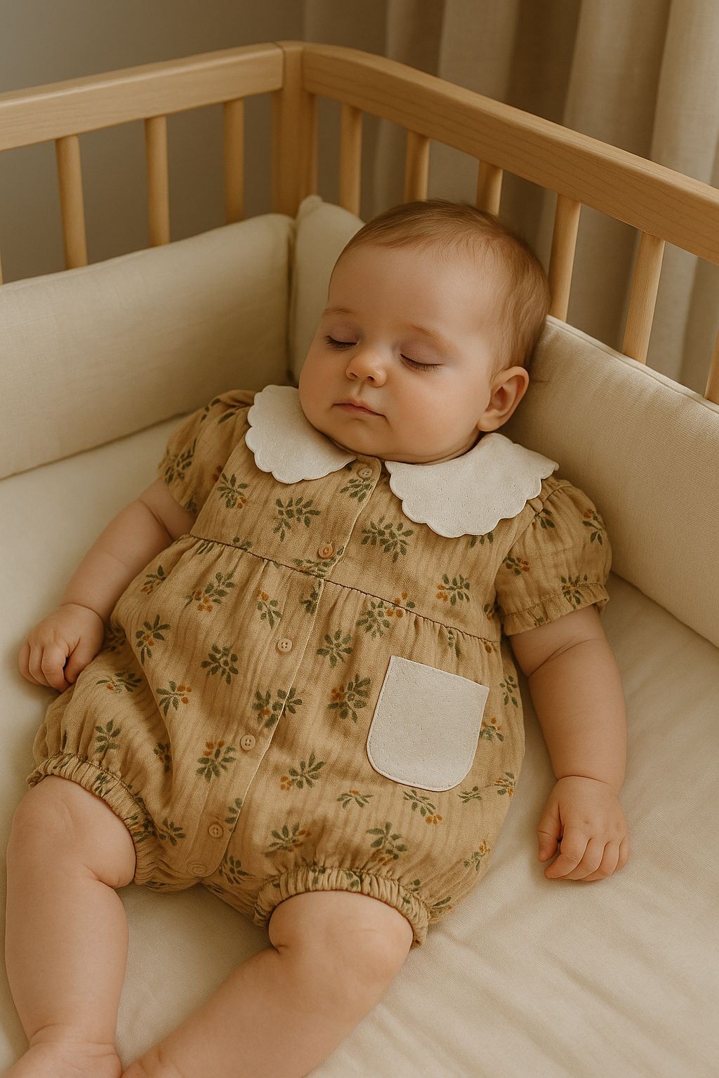 Kız Bebek Boydan Çıtçıtlı Cepli  Müslin Tulum - sütlü kahve