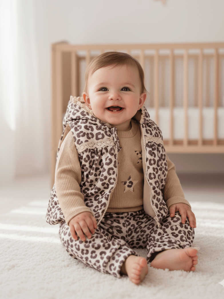 Kız Bebek Leoparlı kadife Yelekli Rahat Üçlü Takım