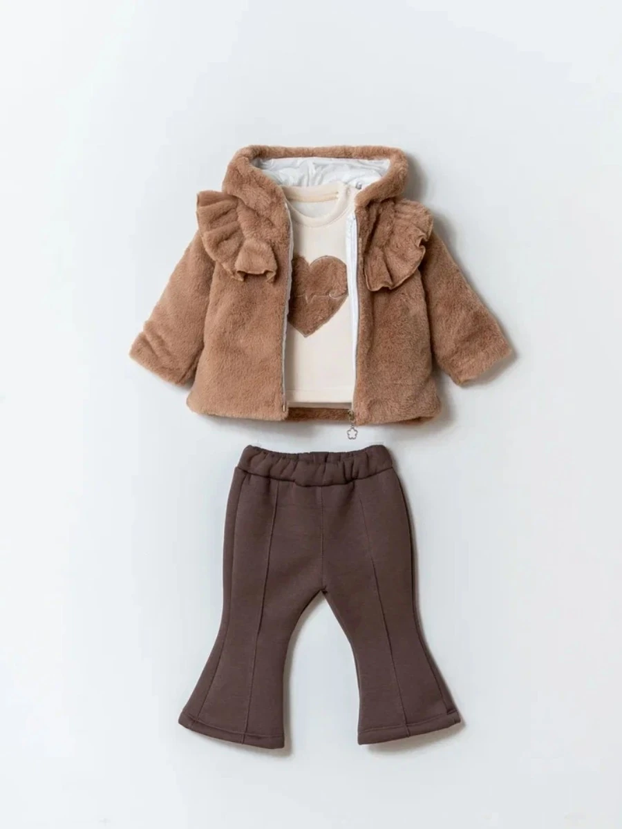 Kız Bebek Peluş Montlu Üçlü Takım - kahverengi