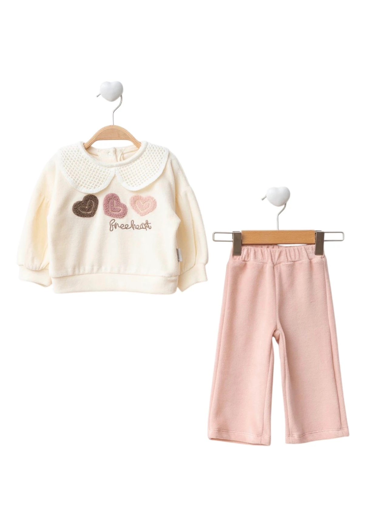 Kız Bebek Yakalı Kalp İşlemeli Kadife İkili Takım