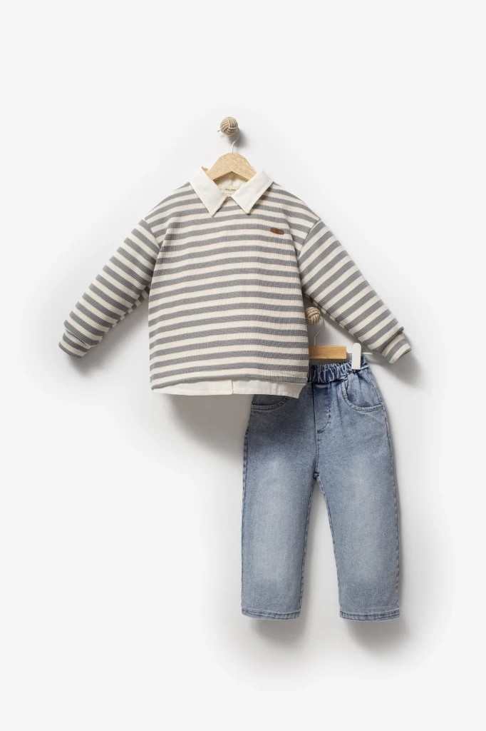 Erkek Bebek Gömlek Sweat Kot Pantolon Üçlü Takım - Gri