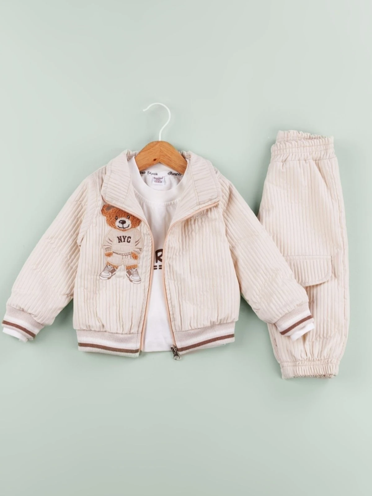 Erkek Bebek Ayıcık Nakışlı  Ceketli 3LüTakım - ekru