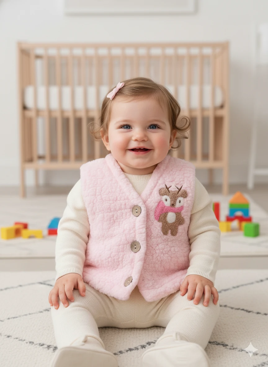 Unisex Bebek Düğmeli Peluş Yelek - Pembe