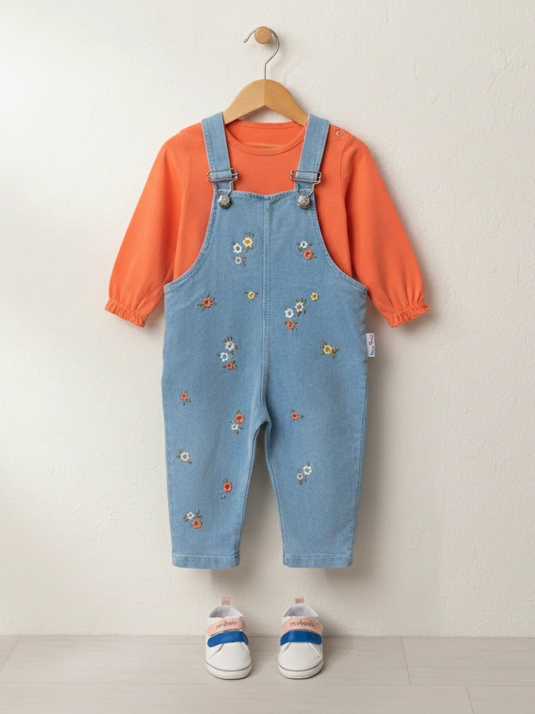 Kız Bebek Çiçek Nakışlı Kot Salopet İkili Takım - turuncu