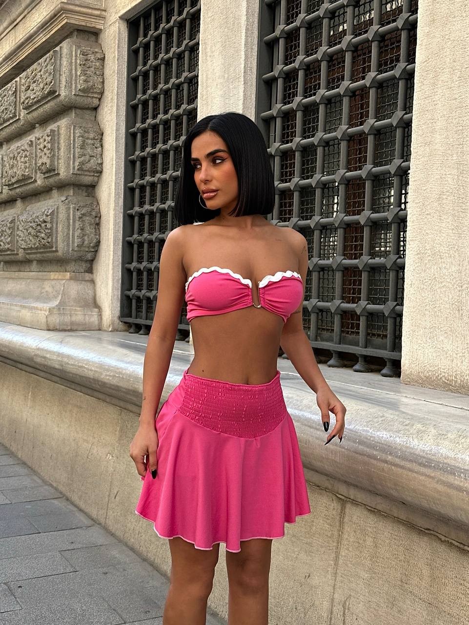 Şortlu Gibeli Sırt Bağlamalı Mini Boy Etekli Takım - PEMBE