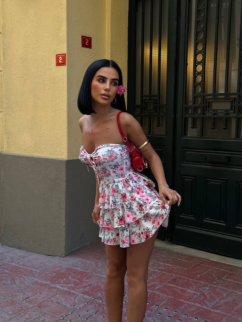 Göğüs Bağlamalı  Volanlı Mini Boy Elbise