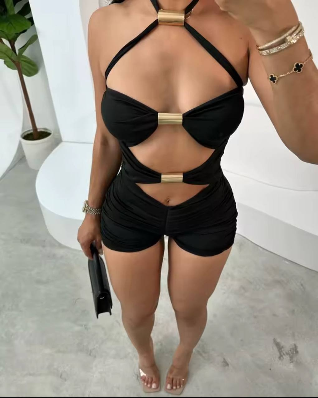 Sandy kumaş Toka Detaylı Mini Şort Tulum  - SİYAH