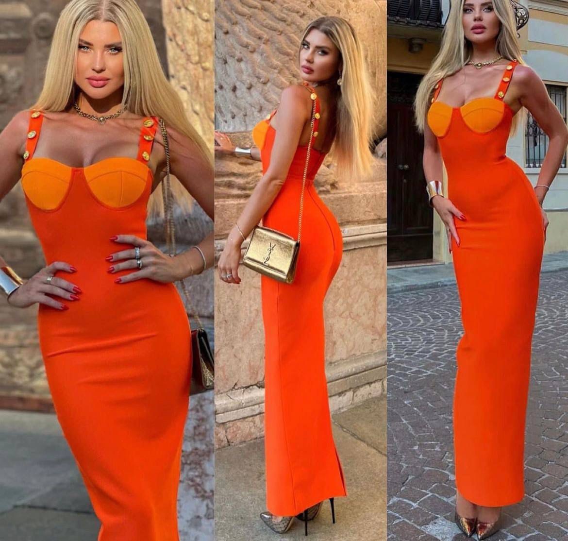 Fermuarlı Gloplu Yırtmaçlı Askı Süs Düğme Detaylı Maxi Boy Elbise