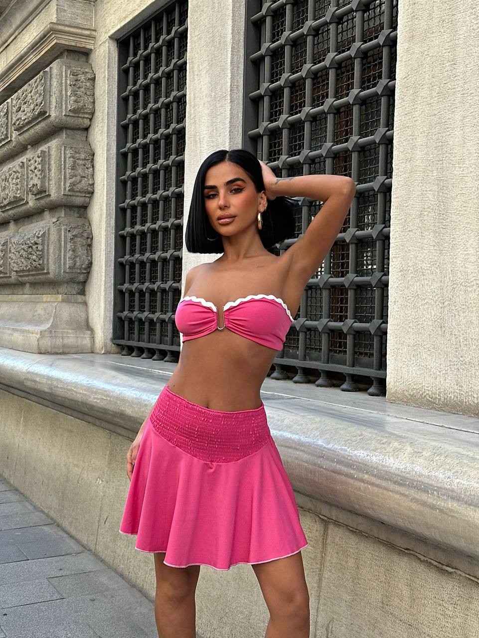 Şortlu Gibeli Sırt Bağlamalı Mini Boy Etekli Takım - PEMBE