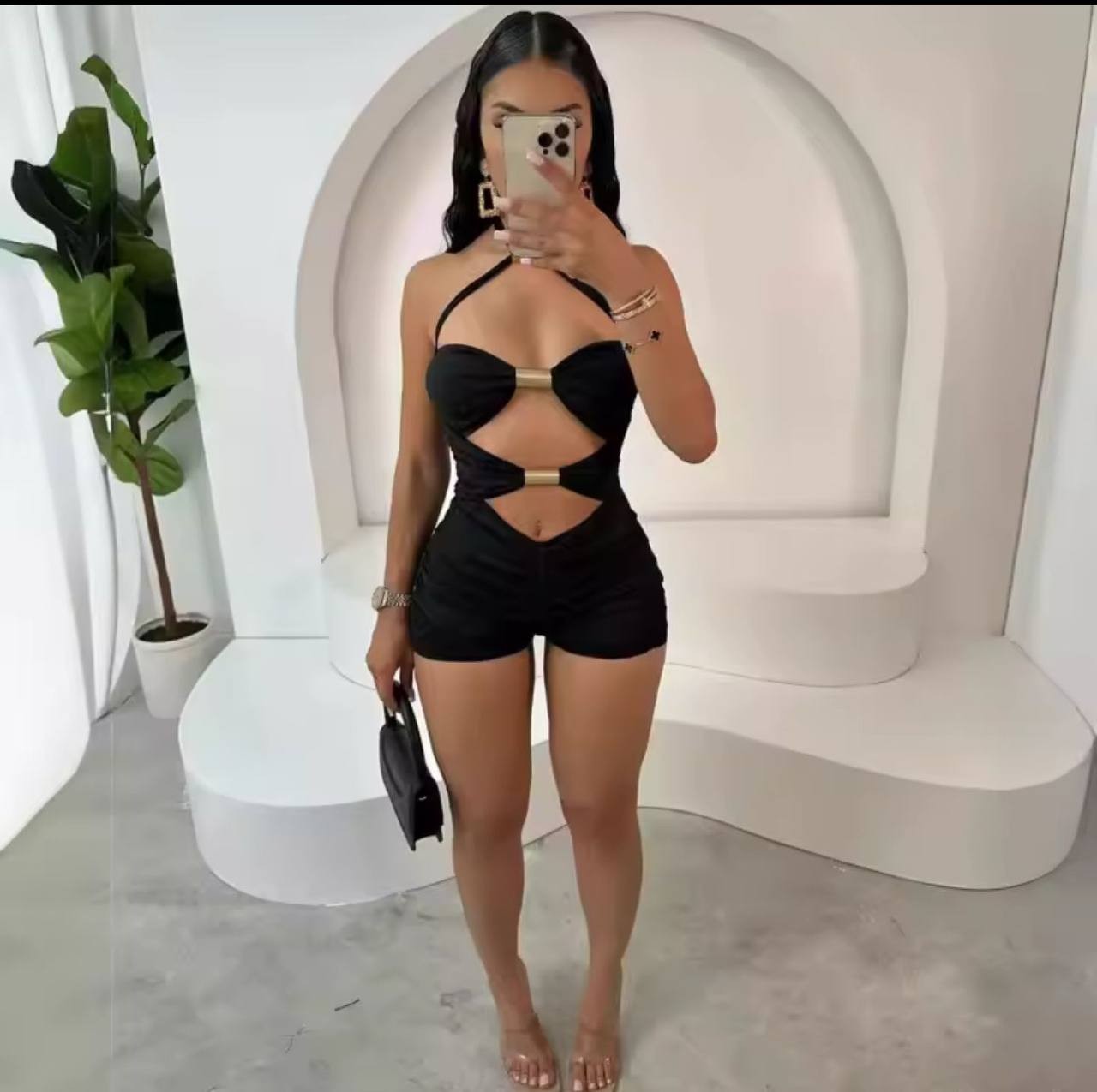 Sandy kumaş Toka Detaylı Mini Şort Tulum  - SİYAH