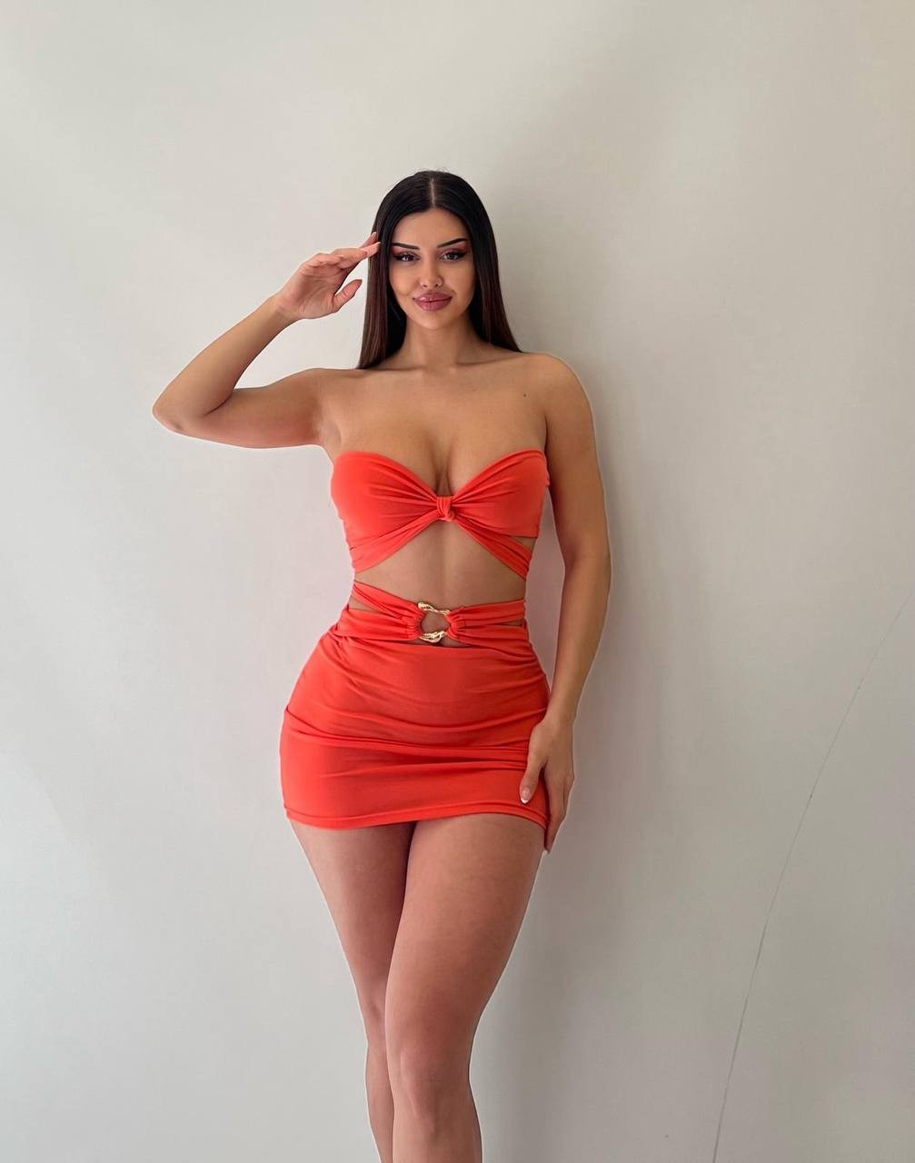 Sandy Kumaş Toka Detaylı Straplez Mini Elbise - TURUNCU