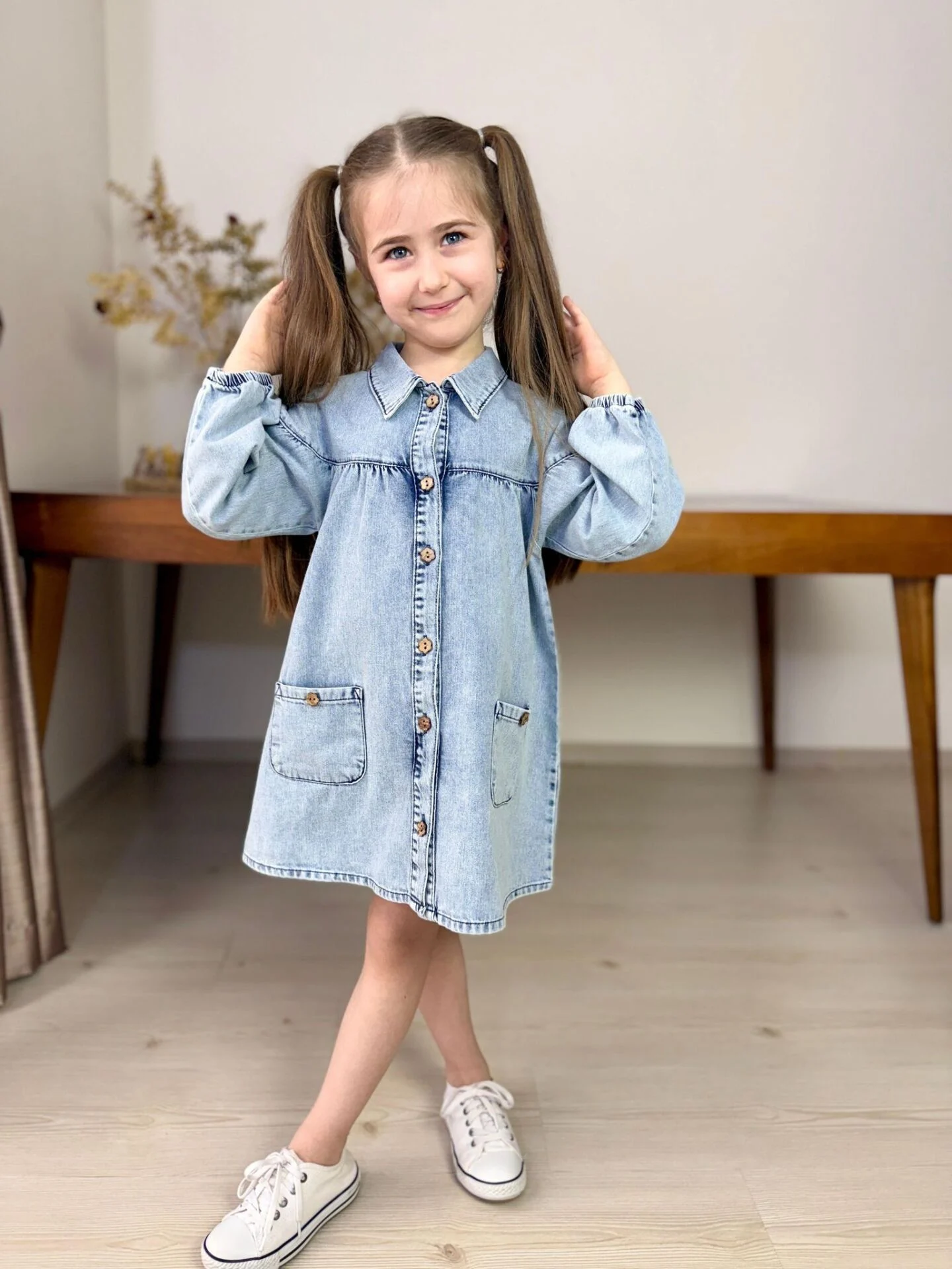 Papatya Düğmeli Kot Elbise
