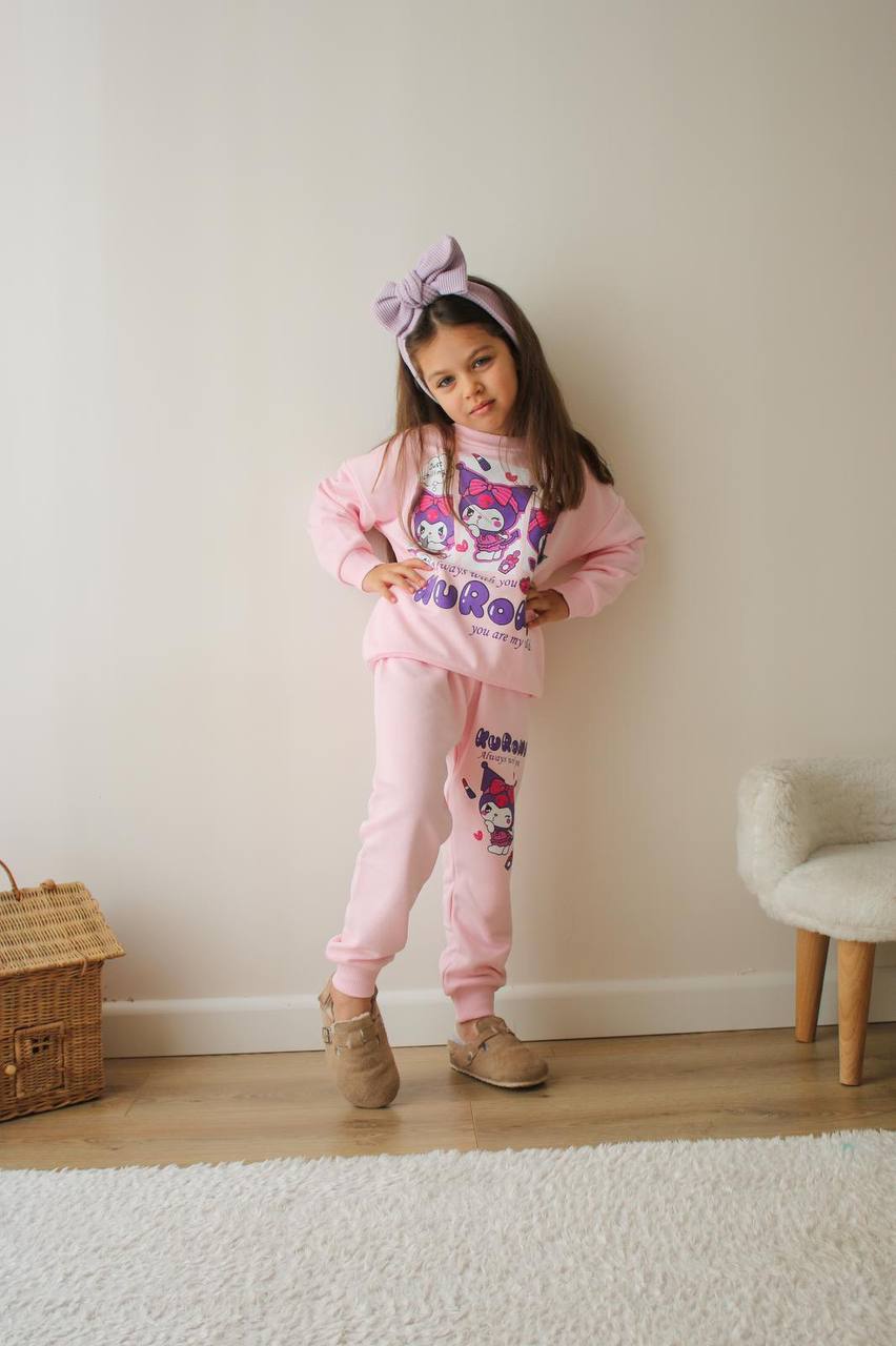 PEMBE KUROMİ BASKILI 3 İPLİK TAKIM