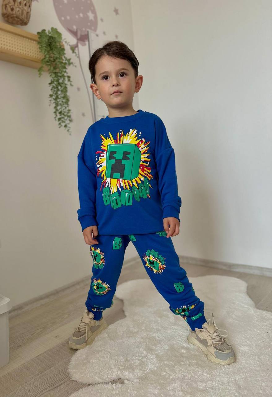 MINECRAFT BASKILI MAVİ 3 İPLİK TAKIM