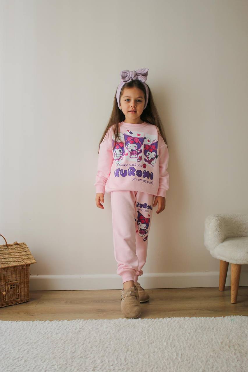 PEMBE KUROMİ BASKILI 3 İPLİK TAKIM