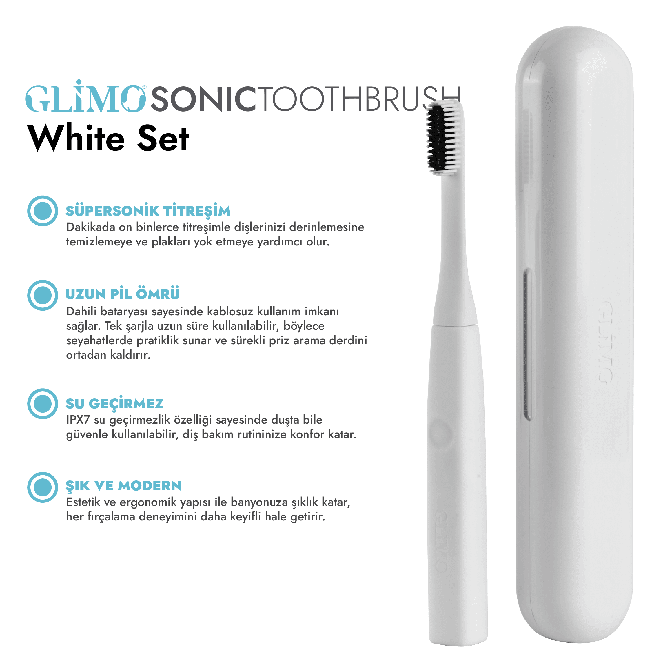 Glimo Sonic Şarjlı Diş Fırçası - White Set