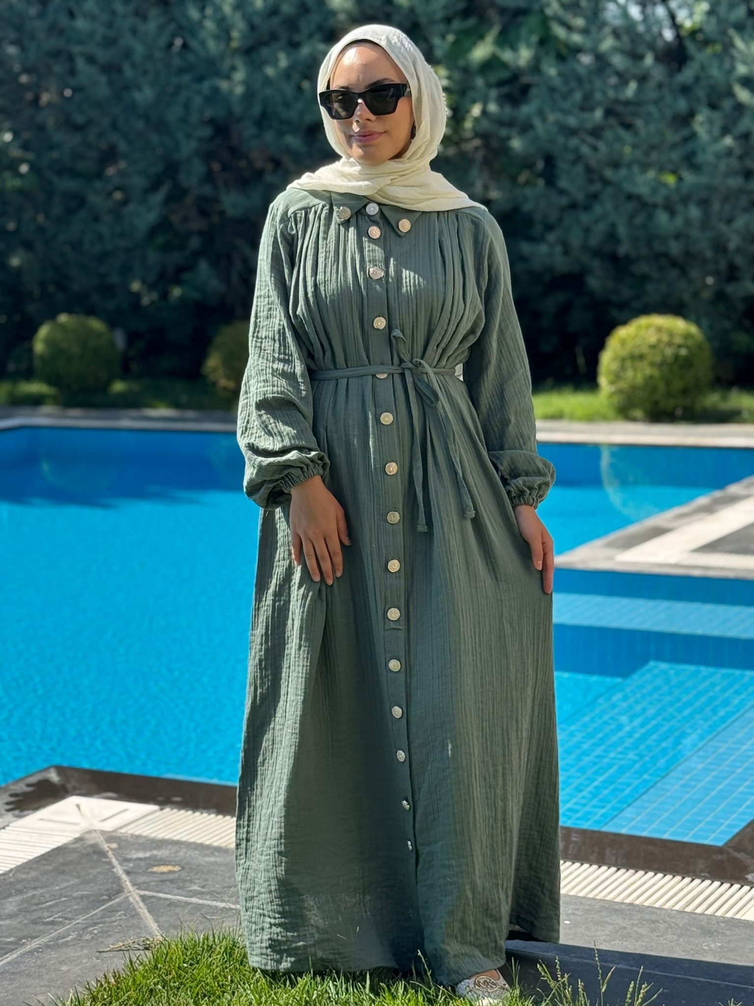 Alaçatı Müslin Elbise - Yeşil