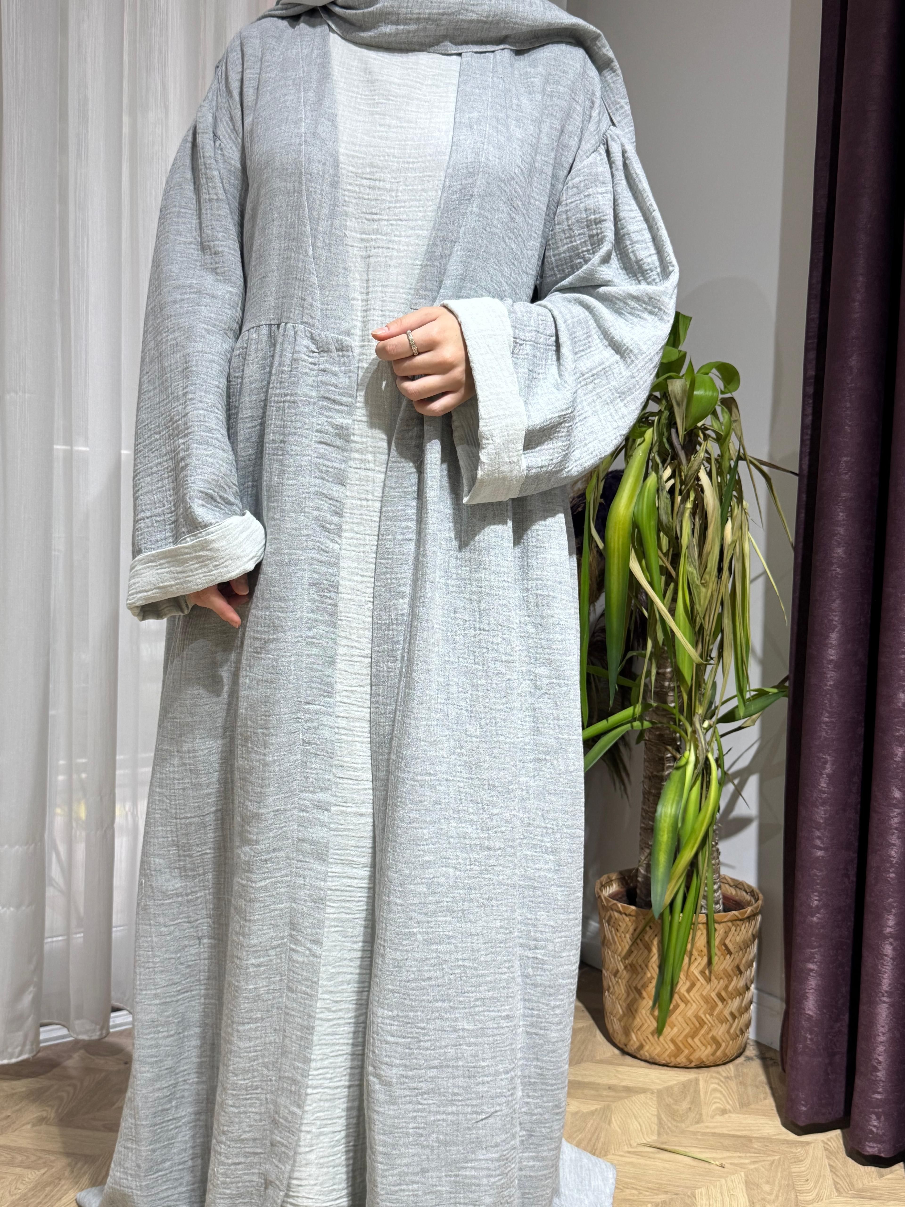 Dilruba Müslin Abaya Takım - Pastel Gri