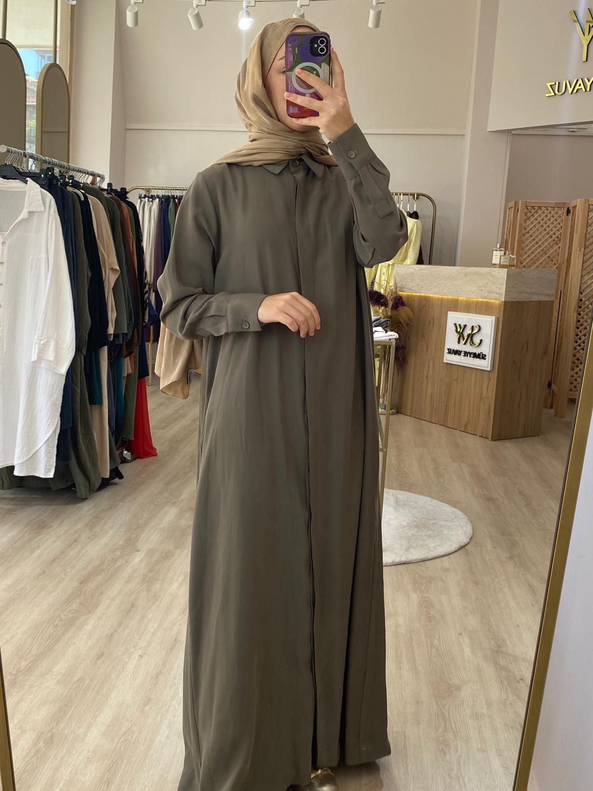 Tencel Gömlek Elbise - Haki