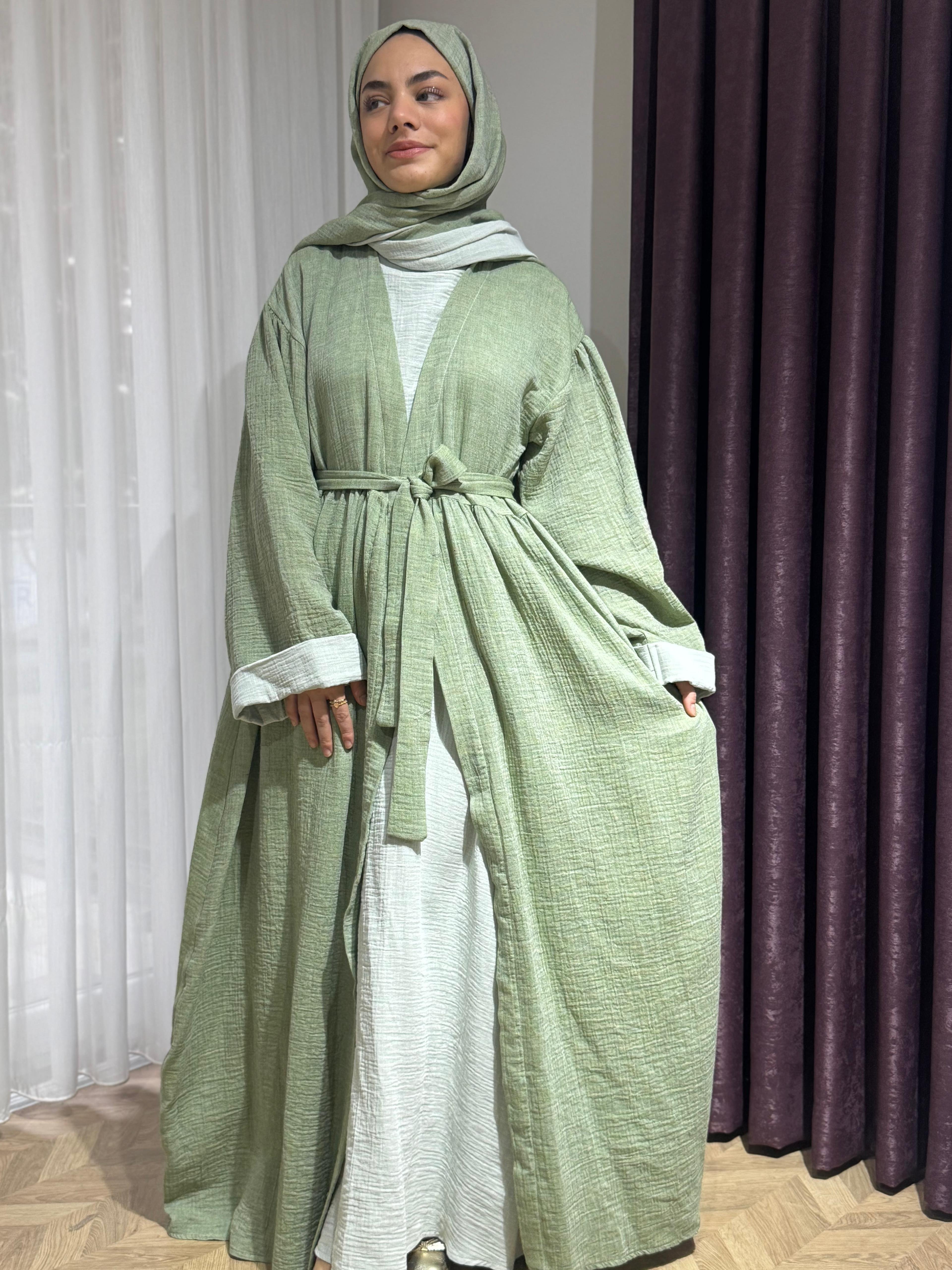 Dilruba Müslin Abaya Takım - Pastel Yeşil