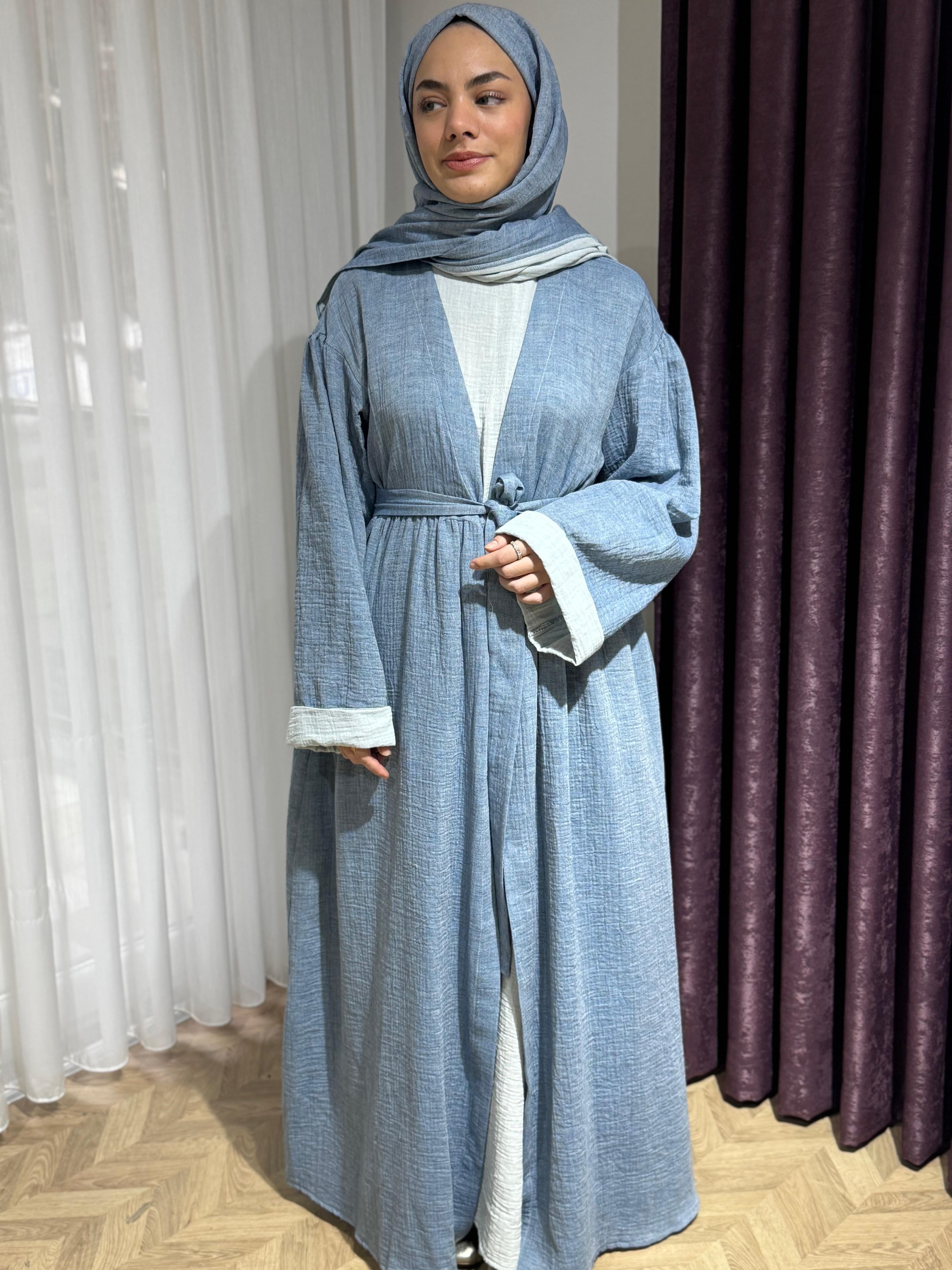 Dilruba Müslin Abaya Takım - Pastel Mavi