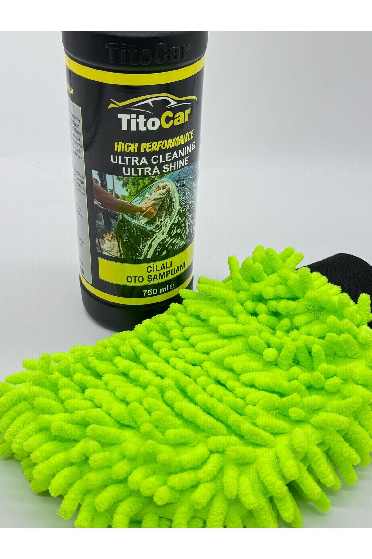 Cilalı Eldiven Seti Kampanyası TitoCar Cilalı Şampuan 750ml + Oto Yıkama Eldiveni 16x24cm