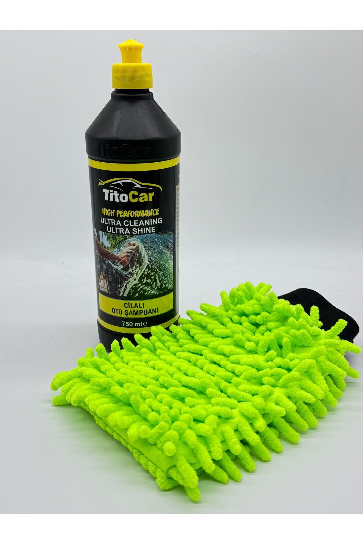 Cilalı Eldiven Seti Kampanyası TitoCar Cilalı Şampuan 750ml + Oto Yıkama Eldiveni 16x24cm