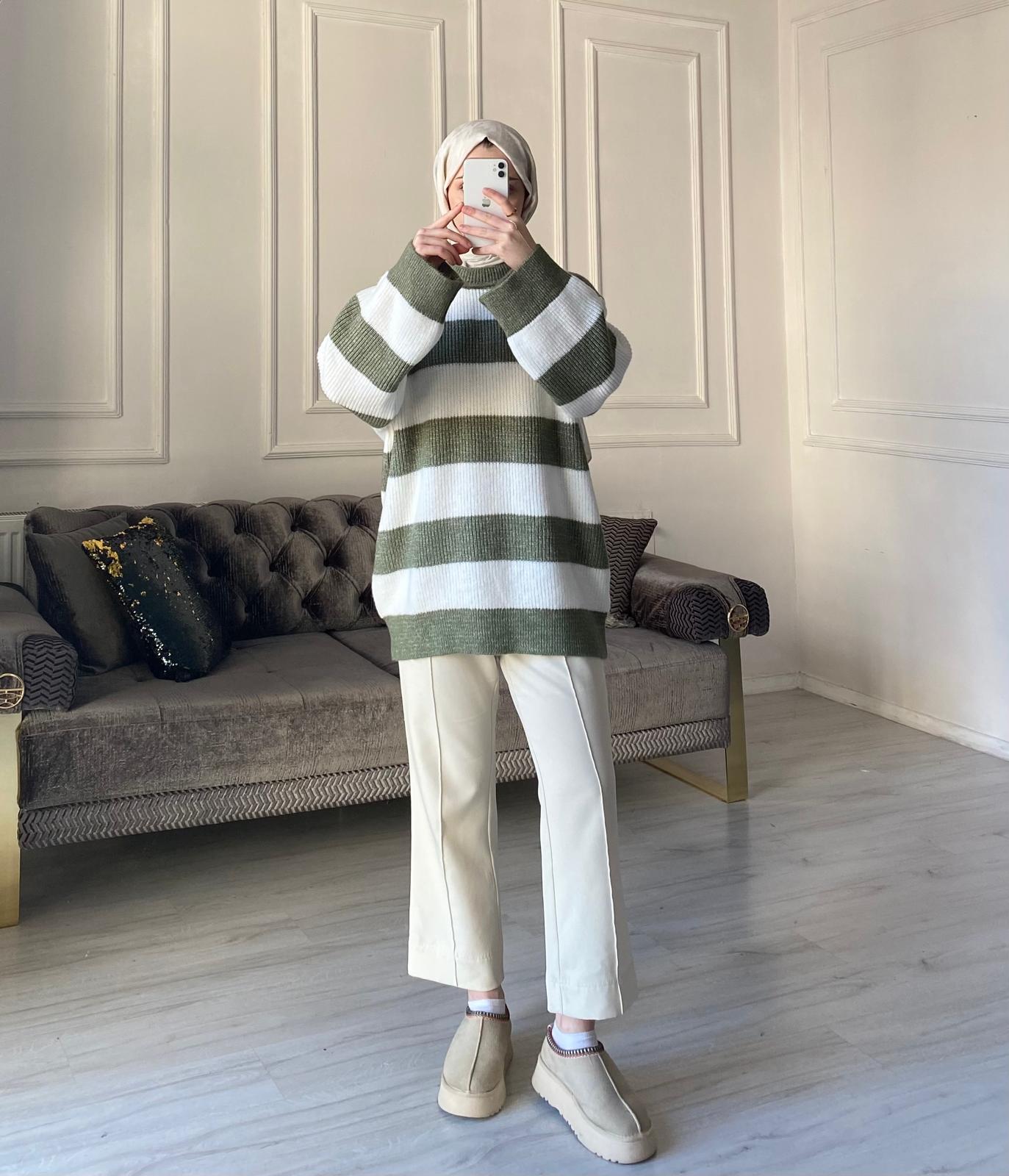 Lola Çizgili Kazak - Haki